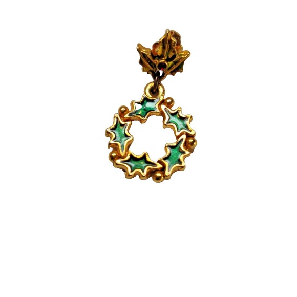 Vintage Rhinestone Christmas Wreath Earrings Dangling Stud Style Green, Gold - Picture 3 of 5